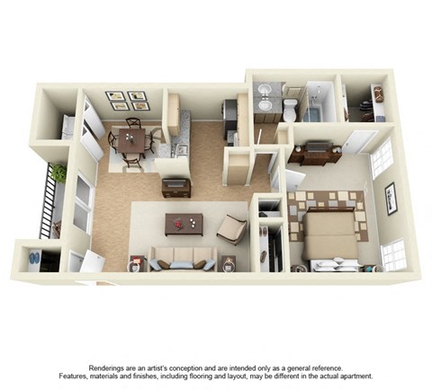 Floor plan for 1 bed, 1 bath, 653 sqft